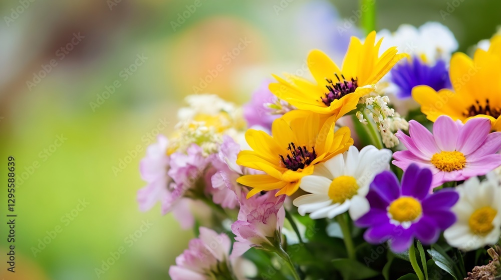 Poster Colorful bouquet of vibrant flowers displaying a cheerful array of blooms in soft natural light : Generative AI