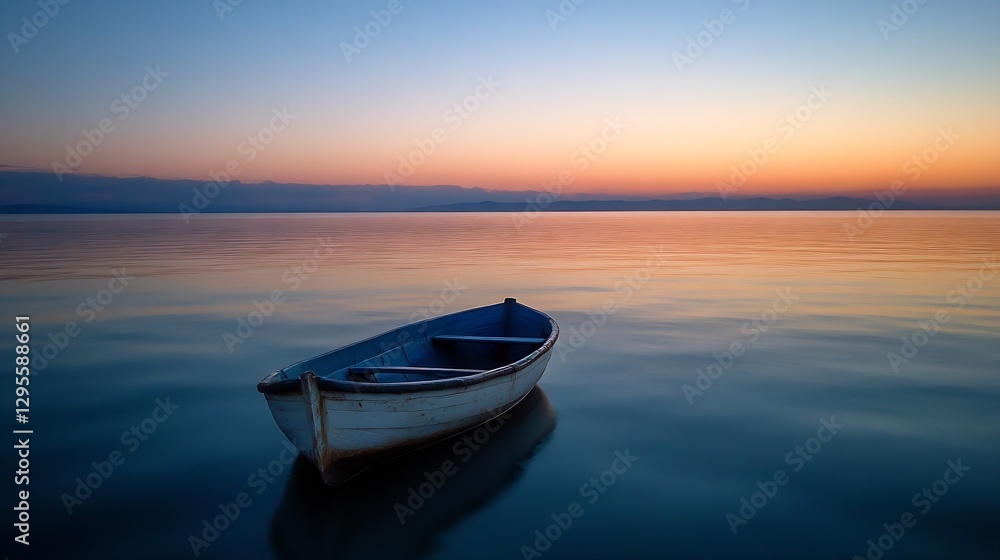 Poster serene view of a small wooden boat floating on calm water during sunset creating beautiful reflectio