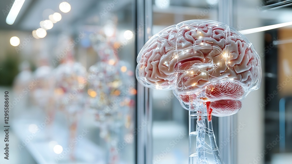 Poster transparent anatomical model of a human brain showcasing intricate details of neural anatomy in a mo