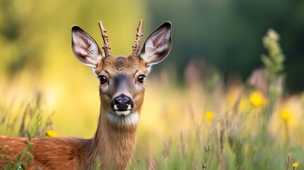 Fototapeta premium Close Up of Majestic Young Deer in a Meadow Surrounded by Nature and Flora : Generative AI