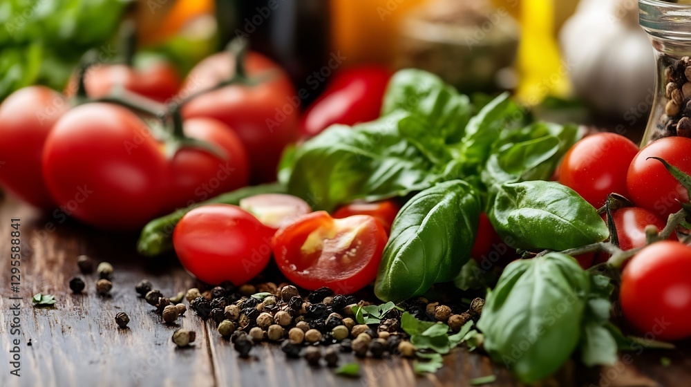Aufkleber fresh vibrant tomatoes and basil arranged beautifully on a wooden table for a culinary scene : gener