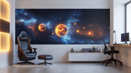 Minimalistic galaxy mural enhances a teenage boy's modern gaming room design