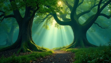 Misty forest scene, ancient oak, meditation spot, nature, yoga