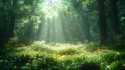 Fototapeta premium Sunbeams Illuminate Magical Forest Clearing