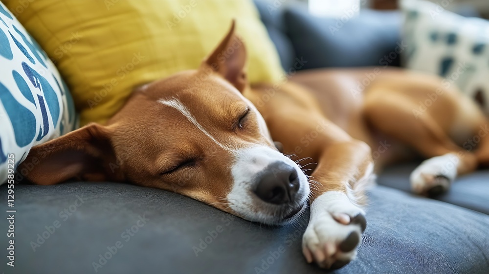 Poster cute sleeping dog relaxing on couch with colorful pillows : generative ai