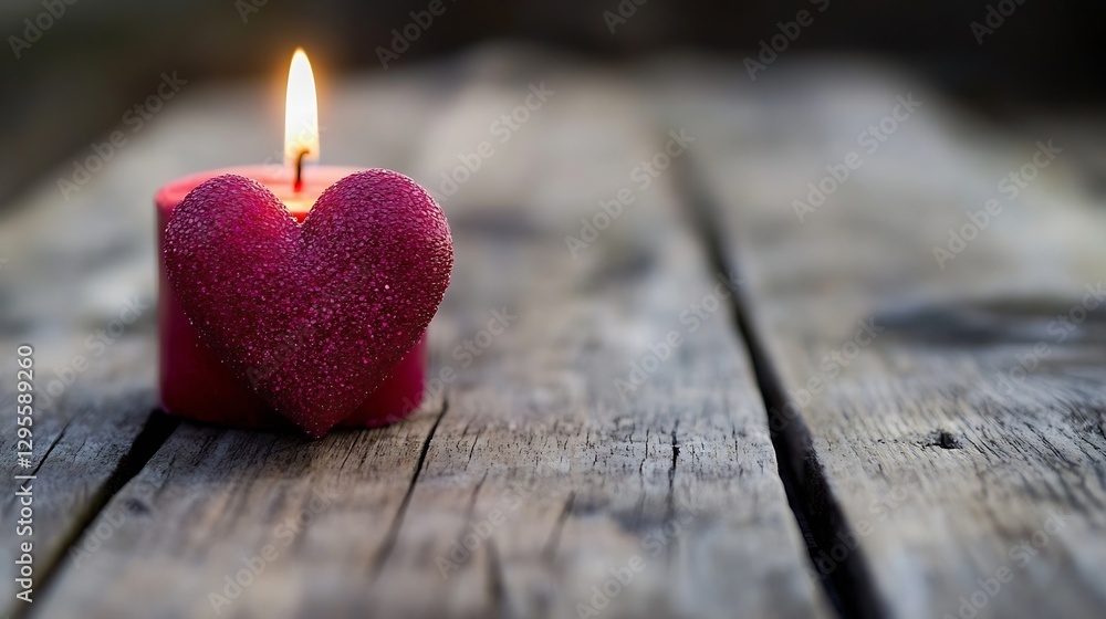 Poster romantic heartshaped candle glowing softly on rustic wooden table creating a cozy ambience : generat