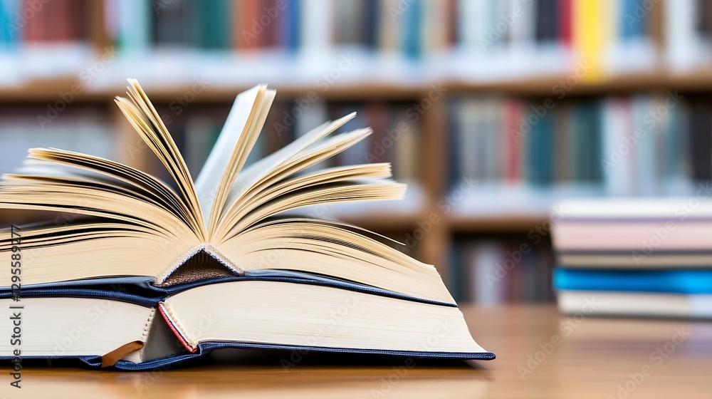 Poster Open Book with Pages Flipping in Library with Bookshelves in the Background : Generative AI