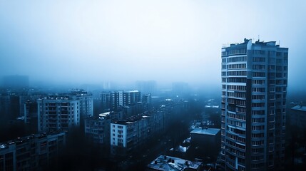 Obraz premium Serene Urban Landscape with Foggy Sky and Towering Buildings in Blue Hues : Generative AI