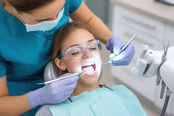 Oral care gum protection essential. Dental check-up with a patient in a modern clinic setting.