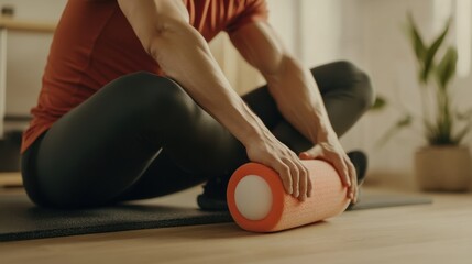 A person using a foam roller on their elbow in a minimalist home gym. Featuring rehabilitation and self-care