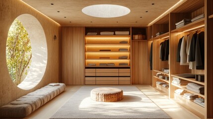 Minimalistic sophisticated closet design with surrealist elements and natural materials