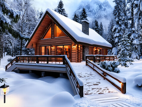 Mountain Cabin Scene, Frozen Stream - Powered by Adobe