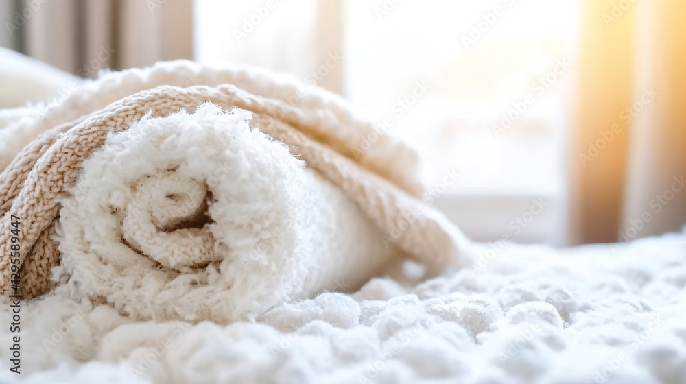 Poster soft white cozy towel rolled on bed with natural light streaming through window : generative ai