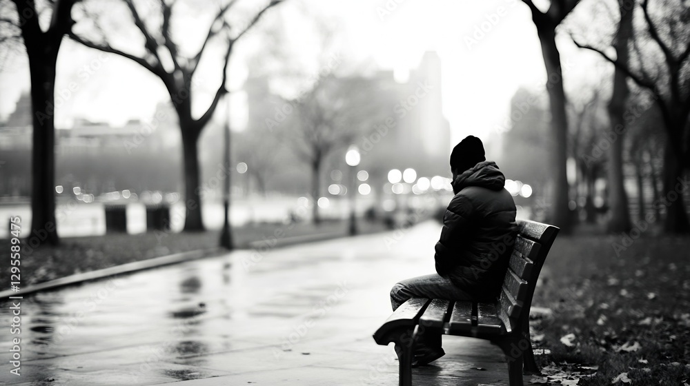 Poster melancholic figure sitting on a bench in a rainy park surrounded by leafless trees and a gloomy atmo