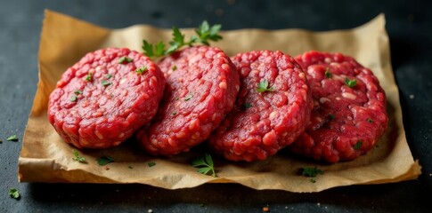 Obraz premium Raw beef patties, separated by parchment, black background, butcher, recipe