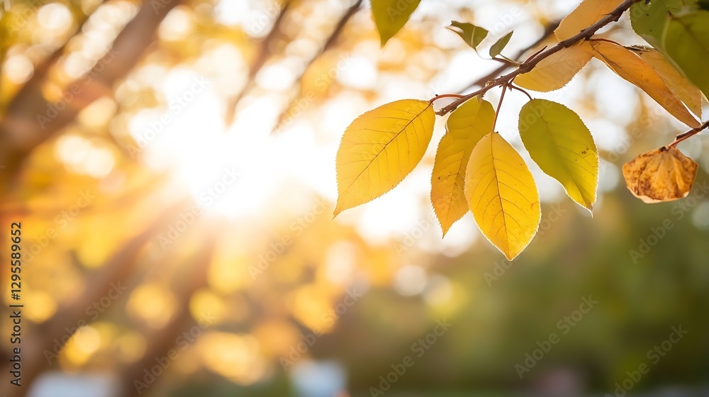 Aufkleber Sunlight Filtering Through Golden Leaves in a Serene Natural Setting : Generative AI