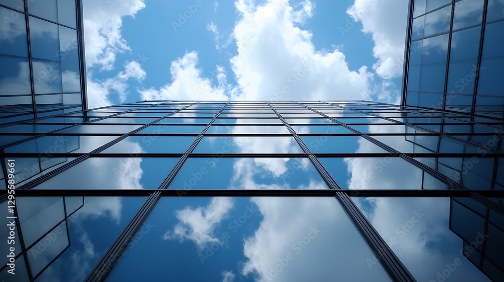 Aufkleber modern glass building reflection under clear blue sky with fluffy white clouds : generative ai