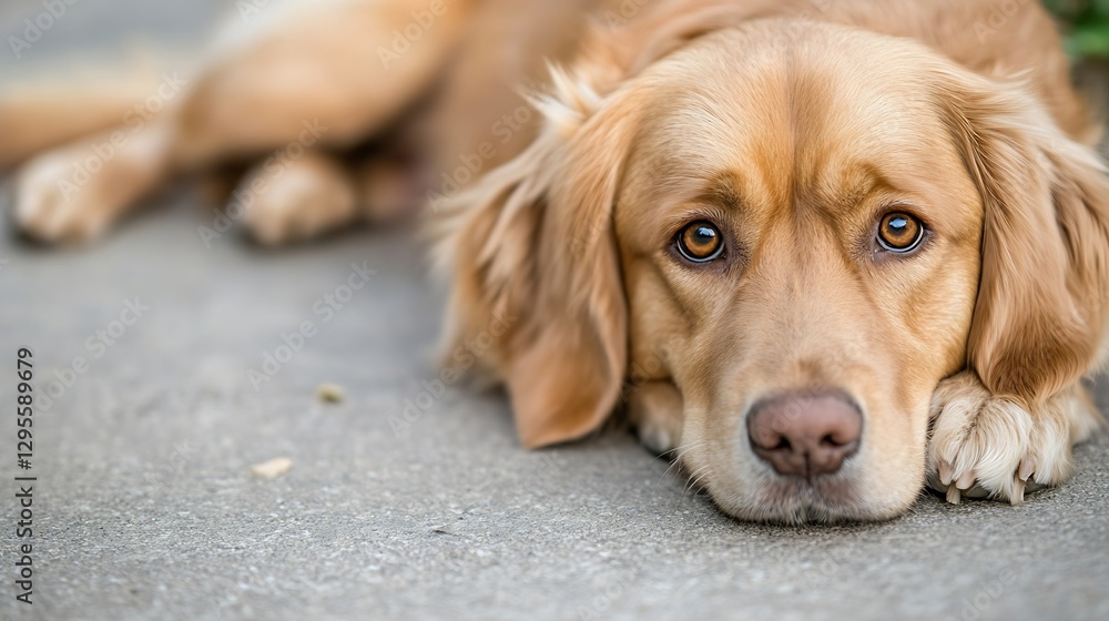 Poster adorable golden dog relaxing on the ground with a curious and expressive look in its eyes : generati