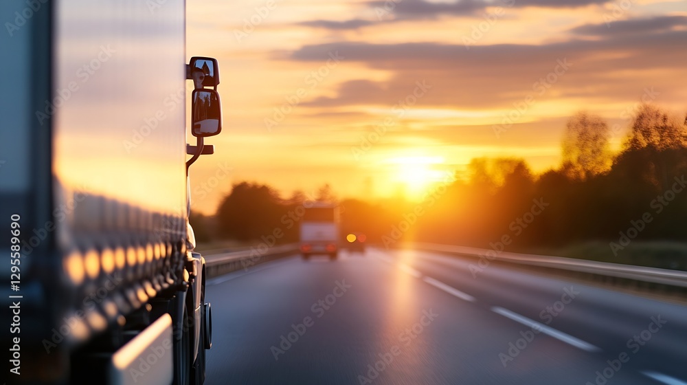 Poster stunning sunset view with a truck on a highway capturing the essence of a tranquil evening journey :