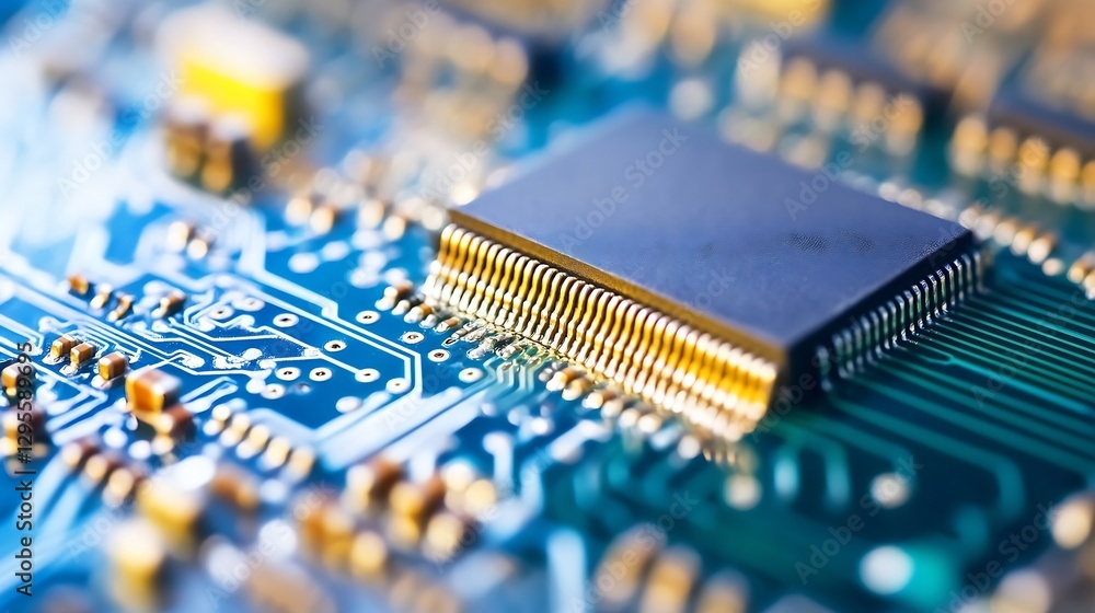 Fototapete Close Up of a Computer Microchip on a Circuit Board Displaying Technology and Innovation : Generative AI