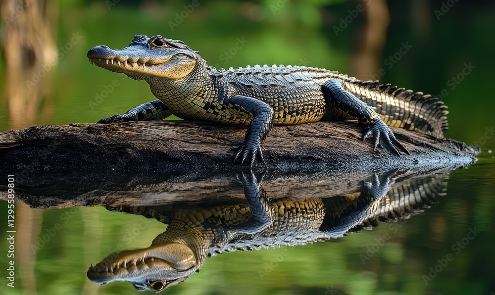 Poster close-up of a graceful alligator resting on a log in calm water with a lush green background, displa