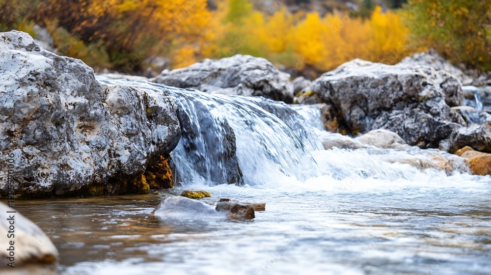 Aufkleber glistening stream of water flowing over smooth rocks surrounded by vibrant autumn foliage and nature