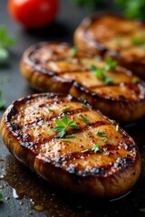 Thick cut grilled oyster mushroom steaks, char marks visible, savory, healthy
