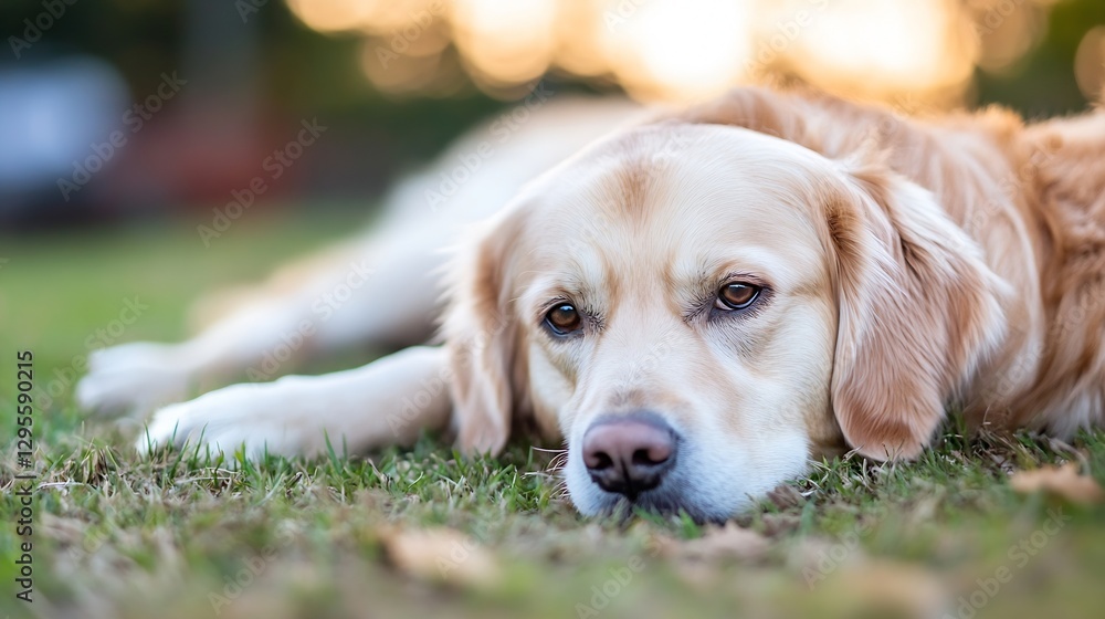 Poster Golden retriever relaxing on grass with soft focus background and warm lighting : Generative AI