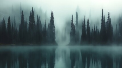 Fototapeta premium Mystical Reflections, Foggy Pine Forest Landscape on Serene Lake