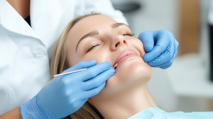Oral care gum protection essential. Woman receiving facial treatment at a clinic with medical professional assistance.