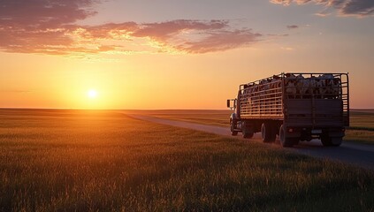 Naklejka premium Truck Carrying Cargo on Rural Road at Sunset