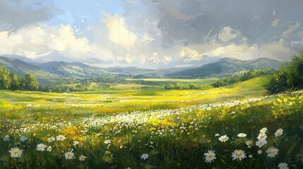 Serene Meadow Landscape Rolling Hills Wildflowers and Sunny Sky