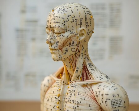 Anatomical model of a human figure with acupuncture points