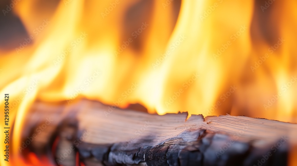 Poster close up of vibrant flames dancing over a wooden log creating an intense and warm atmosphere : gener