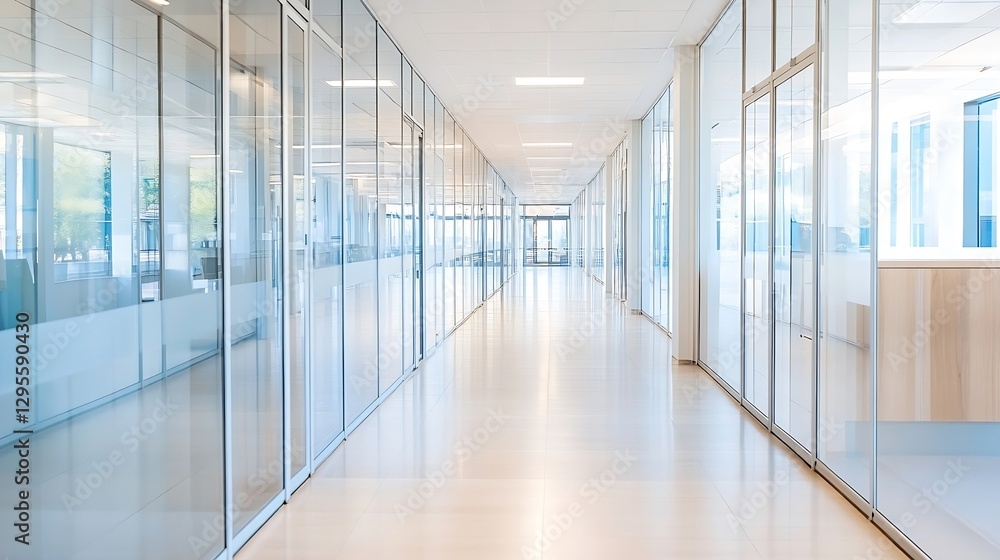 Poster bright open office space featuring glass walls and modern design elements : generative ai