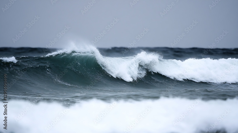 Poster dynamic ocean waves crashing on the shoreline under a dramatic sky : generative ai