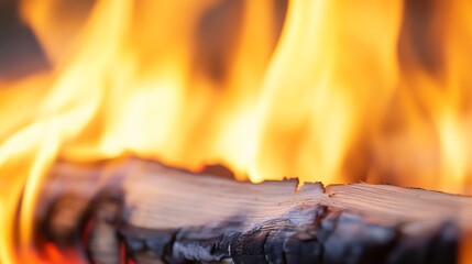 Close up of vibrant flames dancing over a wooden log creating an intense and warm atmosphere : Generative AI