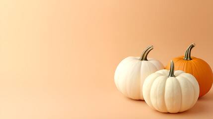 Seasonal background Banner with copy-space. Trio of Pumpkins on soft color. Fall Concept.