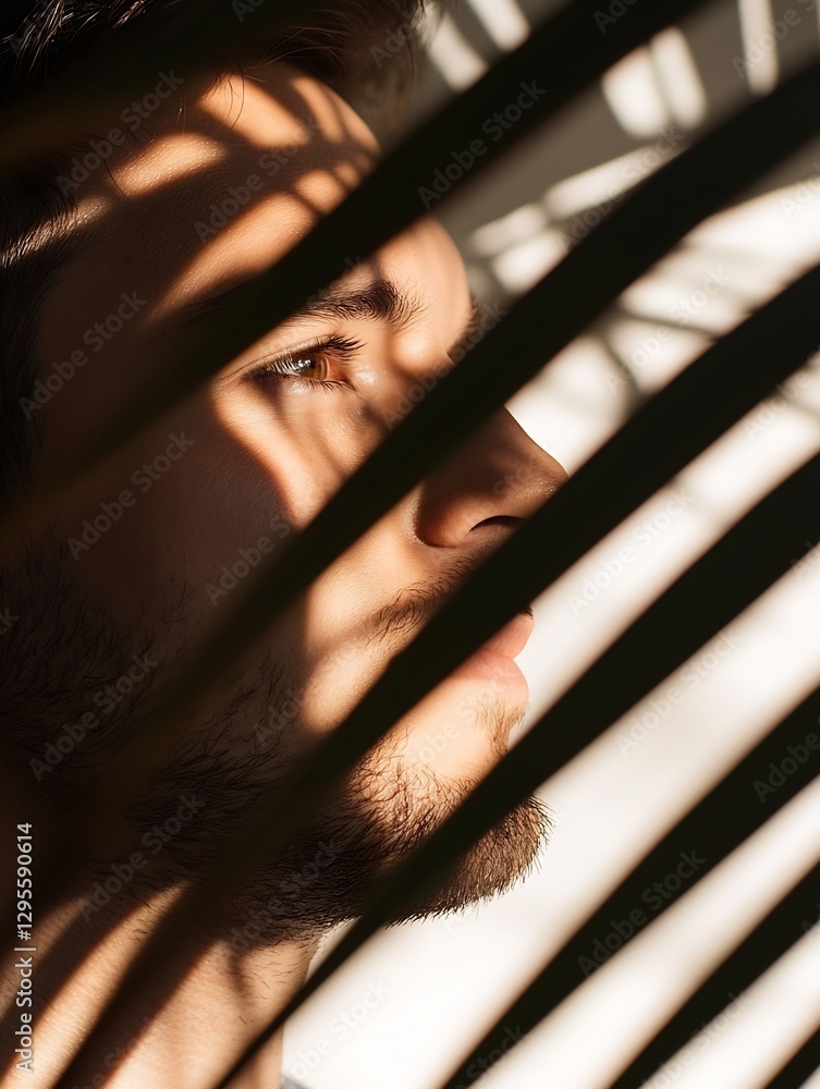 Poster artistic portrait of a young man with shadows created by palm leaves on his face : generative ai