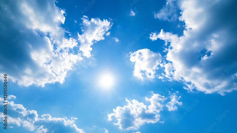 Poster bright blue sky with fluffy white clouds and the sun shining in a clear atmosphere : generative ai