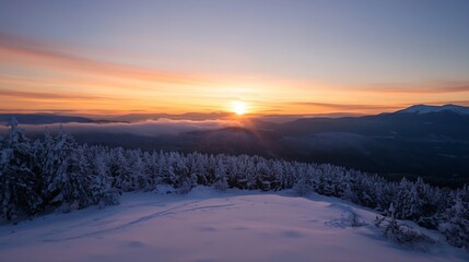 Majestic Winter Sunrise Over Snow-Covered Mountains with Dramatic Sky and Pines : Generative AI