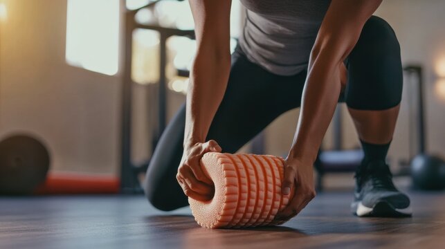 A person using a foam roller on their elbow to ease tension in a home gym. Featuring relief and mobility