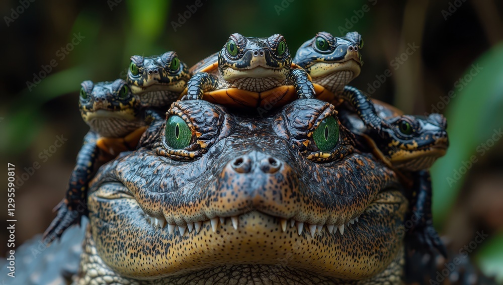 Poster close-up of a large amphibian with multiple small reptiles perched on its head, showcasing unique pa