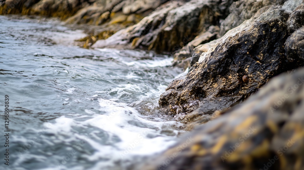 Poster dynamic coastal scene featuring rolling waves crashing against rocky shoreline under cloudy sky : ge