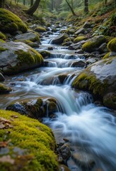 Fototapeta premium Serene Cascade, Mossy Rocks and Flowing Stream in Lush Forest