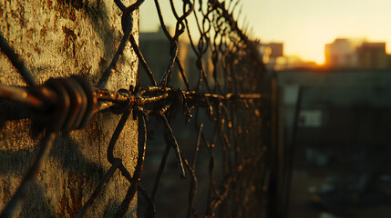 Close-up of barbed wire on a fence, with landscape, sunset sky in the background.