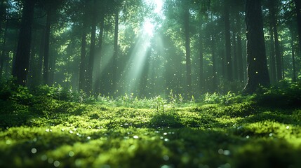 Fototapeta premium Sunbeams illuminate magical forest; fireflies; nature background