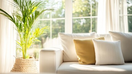 Bright and Cozy Living Room with Cushions and a Plant in Sunlight : Generative AI
