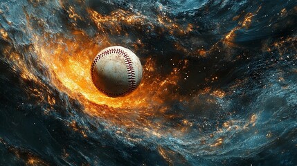 Fiery baseball engulfed in swirling flames and dark water.