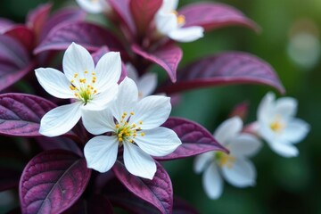 Fototapeta premium Delicate white blooms on purple-veined leaves, white flowers, spring, flower